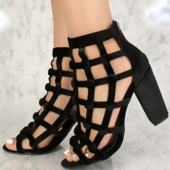 Melissa Velvet Black Strappy Open Toe Chunky Heels NO BOX - Picture 2 of 5